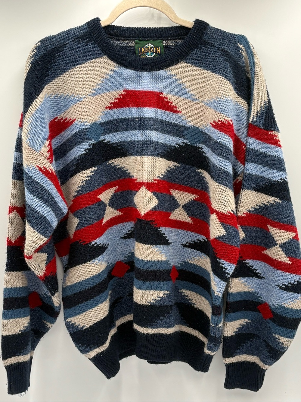 Vintage Jantzen XL Southwestern Geometric Sweater Blue Red USA Made 90s
